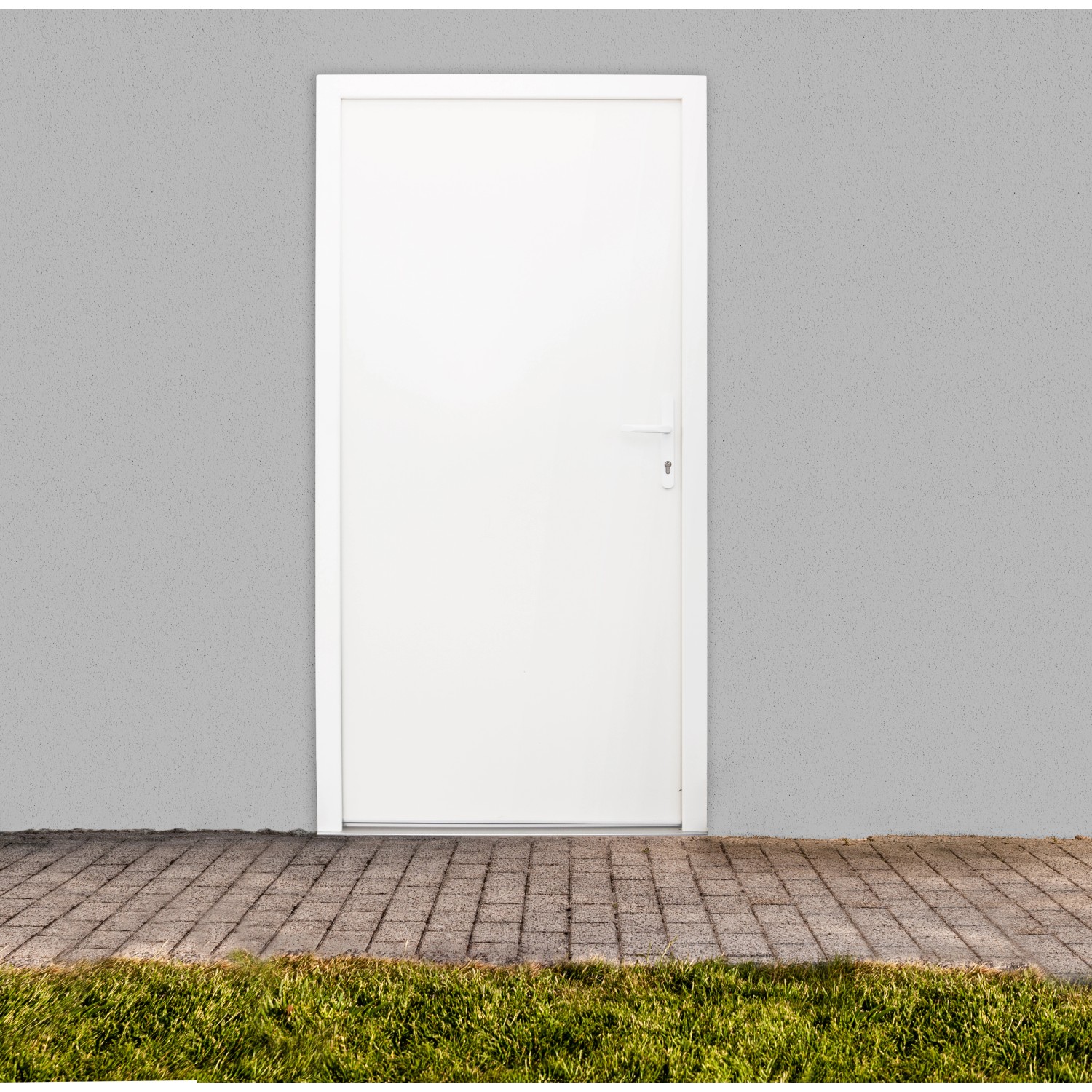 Weiße Stahl-Nebeneingangstür NS1, nach innen öffnend, Rechtsanschlag, 98x198 cm.