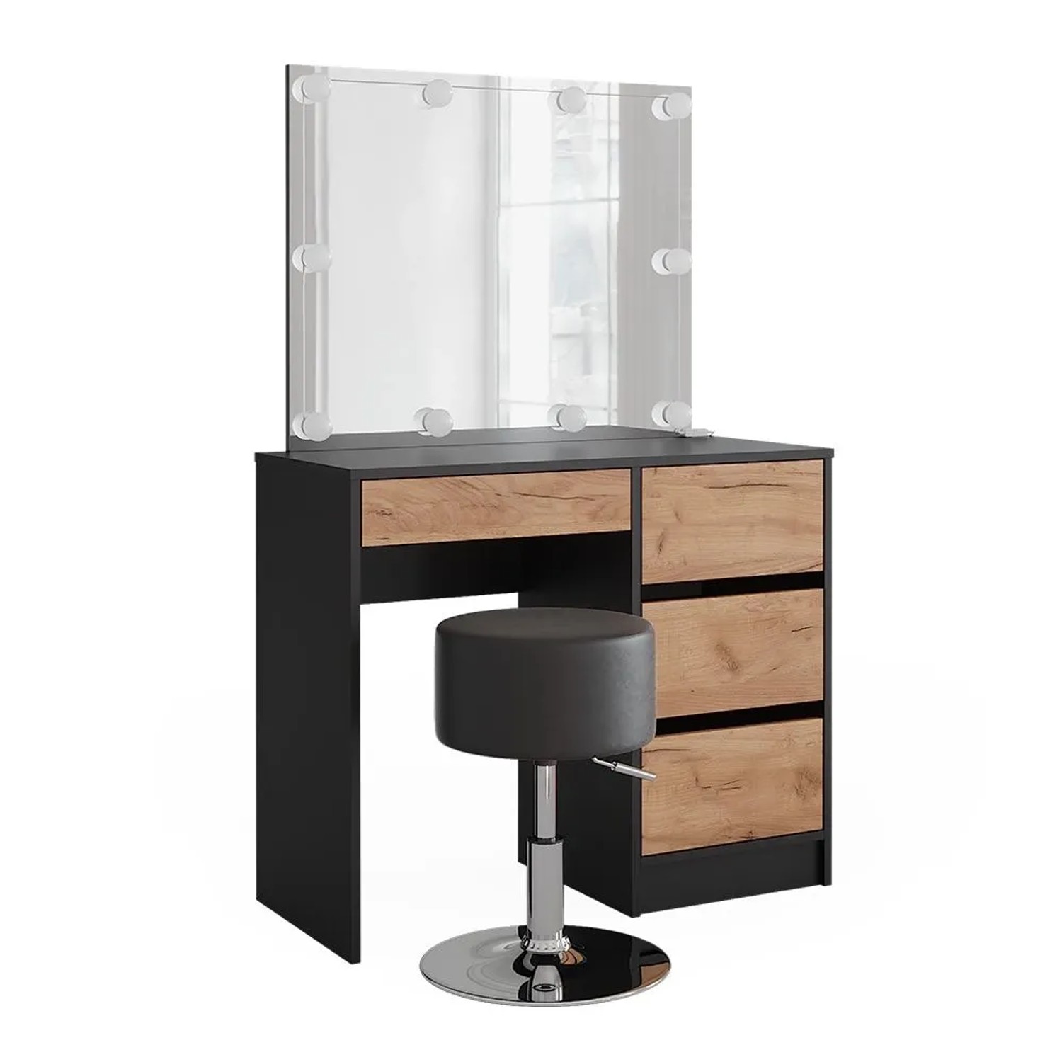Vicco Schminktisch Sherry Anthrazit/Goldkraft Eiche 90 x 140 mit Spiegel, LED-Lichterkette und Hocker