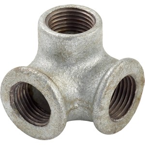 Temperguss Fitting 18,6 mm (Rp 1/2) mit 3 Innengewinden für verzinkte Rohre.