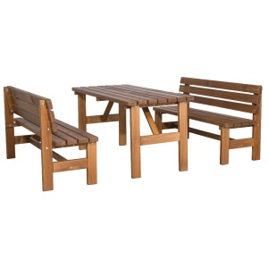 Braunes 3-teiliges Gartenmöbel-Set Tessin aus Nadelholz mit Tisch und zwei Bänken.