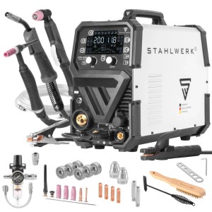 Silber-schwarzes STAHLWERK 6-in-1 Schweißgerät CTM-250 PULS Pro mit Plasmaschneider, WIG-, MIG/MAG-Brennern und Zubehör.