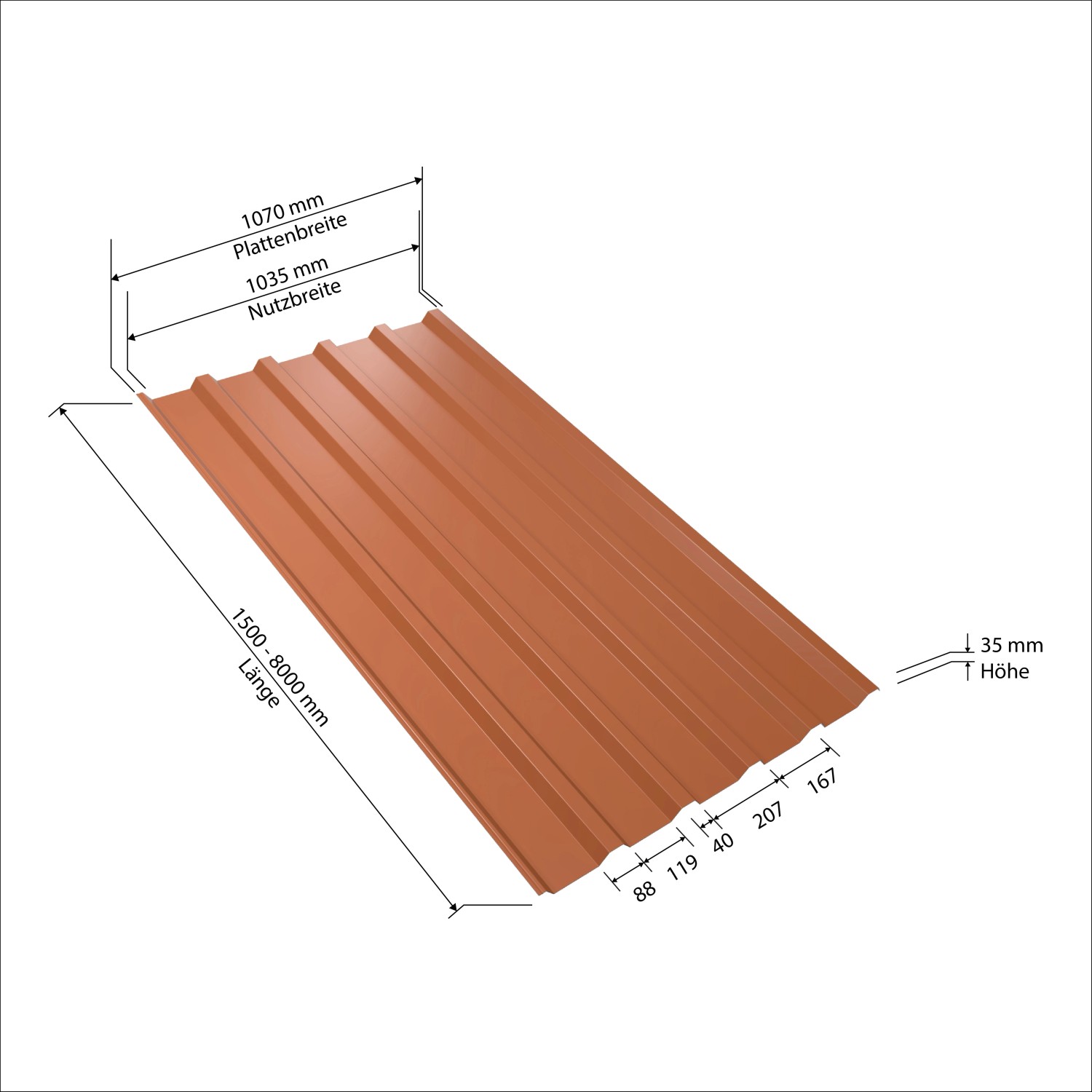 Detailansicht Weckman Trapezblech W35, Stahl, 1500x1070x0,5 mm, Ziegelrot, mit Maßangaben.