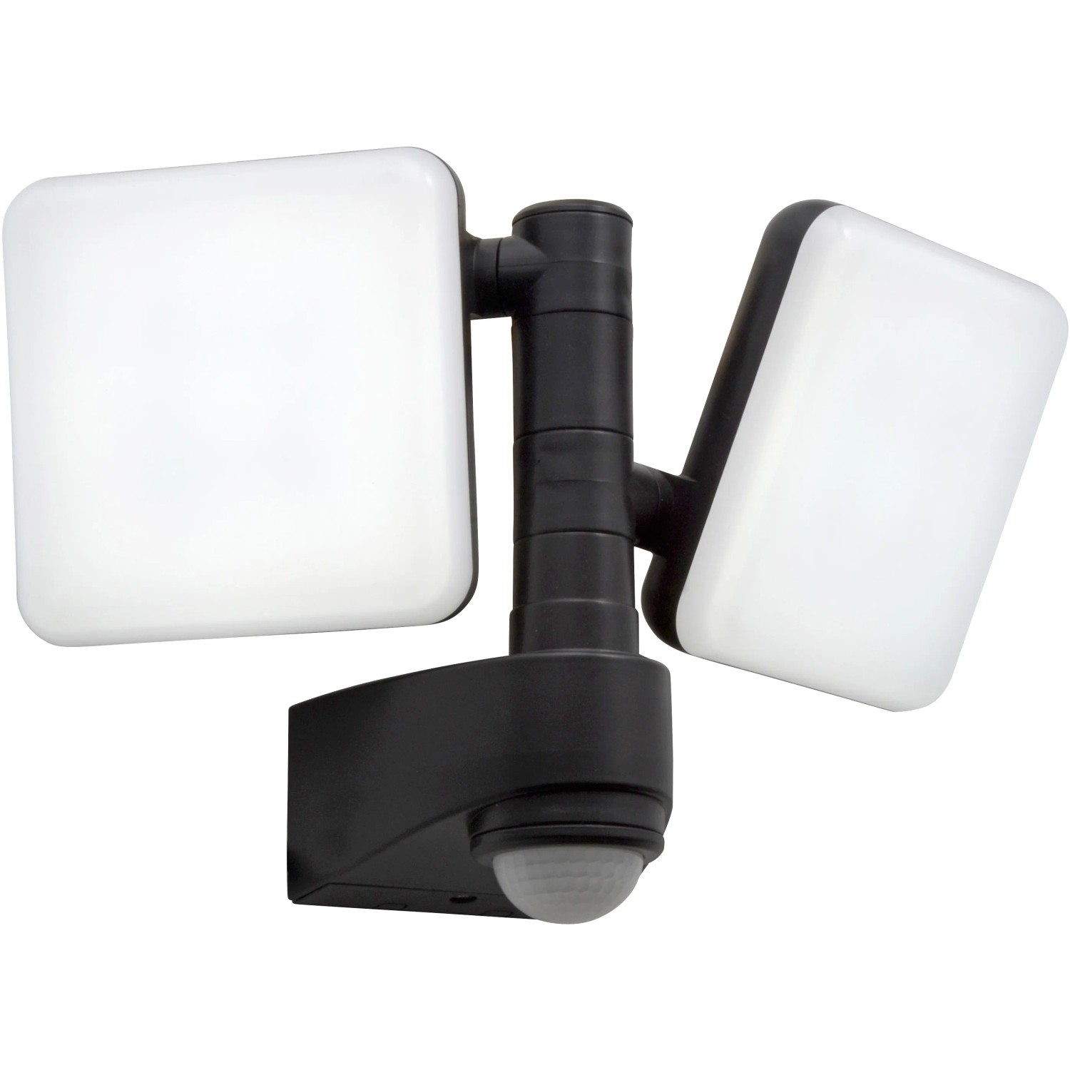 Schwarze LED-Wand-Außenleuchte Jaro II mit Bewegungsmelder und zwei quadratischen Leuchten.