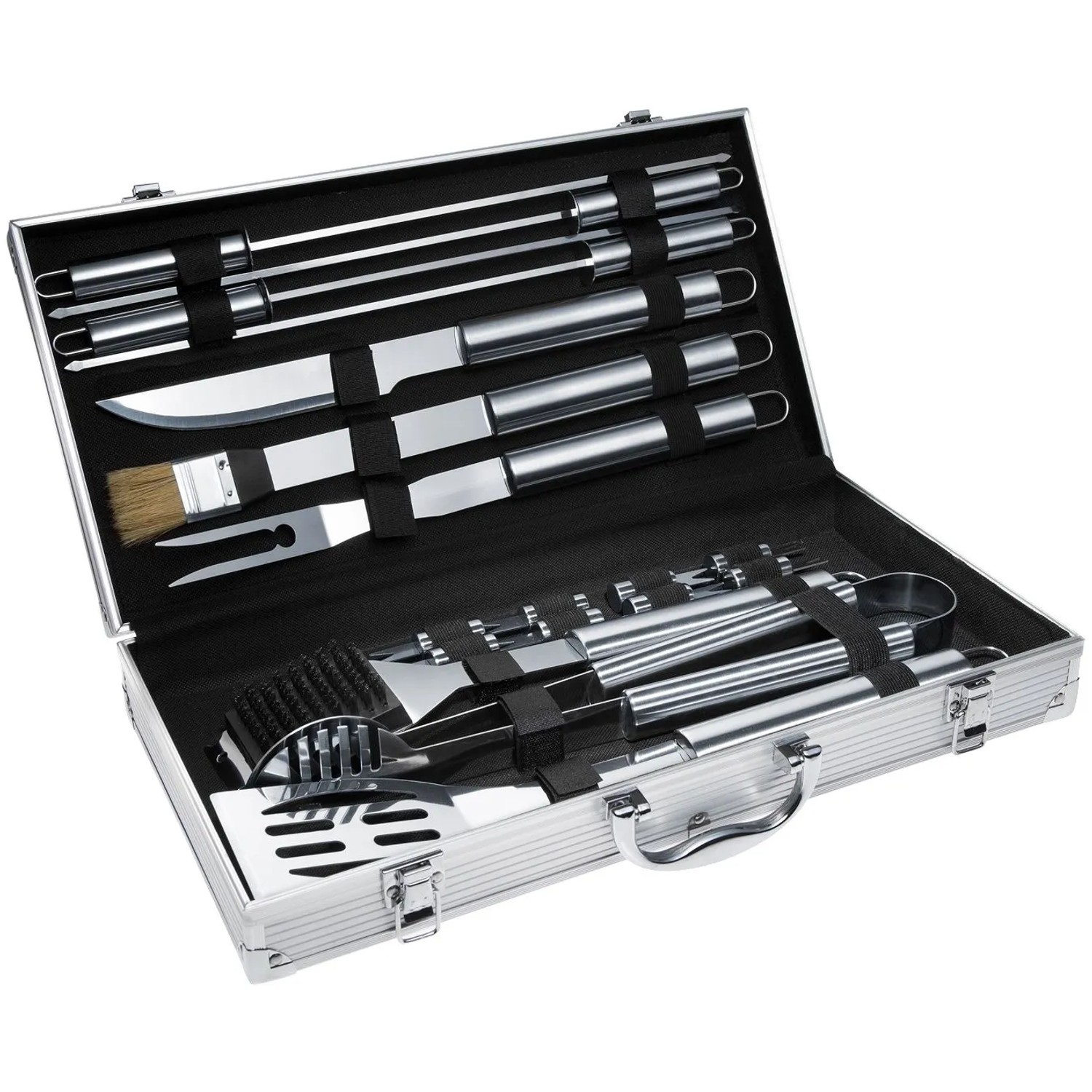 Tectake Grillbesteck Mit Aluminiumkoffer  Aus Edelstahl 18 Teilig  47 x 8 x 22 cm Grau
