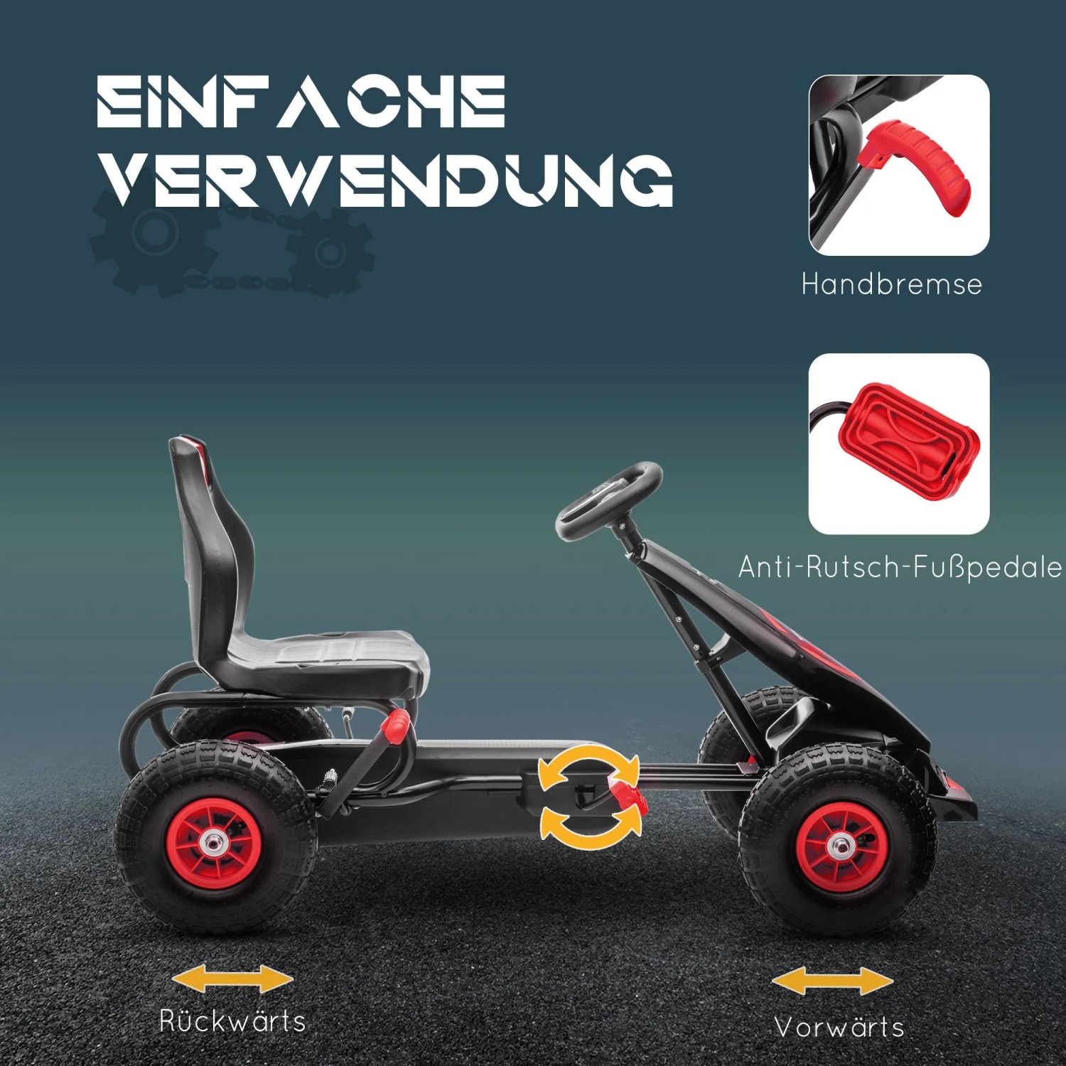 HOMCOM Gokart Kinderfahrzeug: Schwarz, verstellbarer Sitz, Gummireifen, Handbremse, Pedale für Vor-/Rückwärtsfahrt.