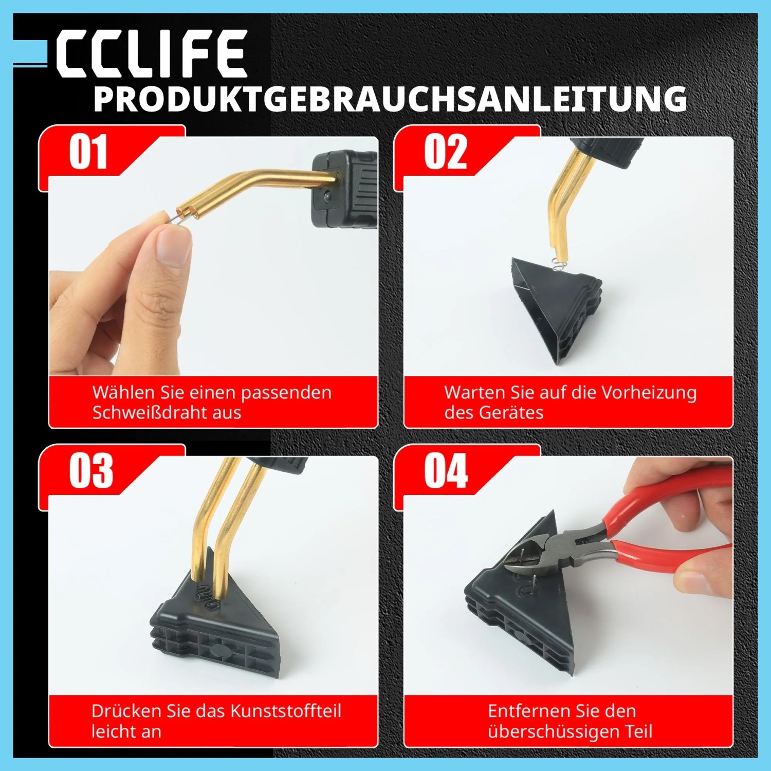 CCLIFE Kunststoff Reparatur Schweißgerät: 4-Schritte-Anleitung zur Reparatur mit Klammern.