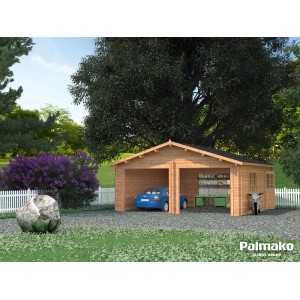 Palmako Holzgarage Roger, braun, ohne Tor, mit Auto und Motorroller. Fertiggarage aus Holz.