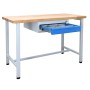 PROREGAL Werkbank Rhino, 120x60cm, mit Schublade, Buche Arbeitsplatte, lichtgraues Gestell, lichtblaue Schublade.