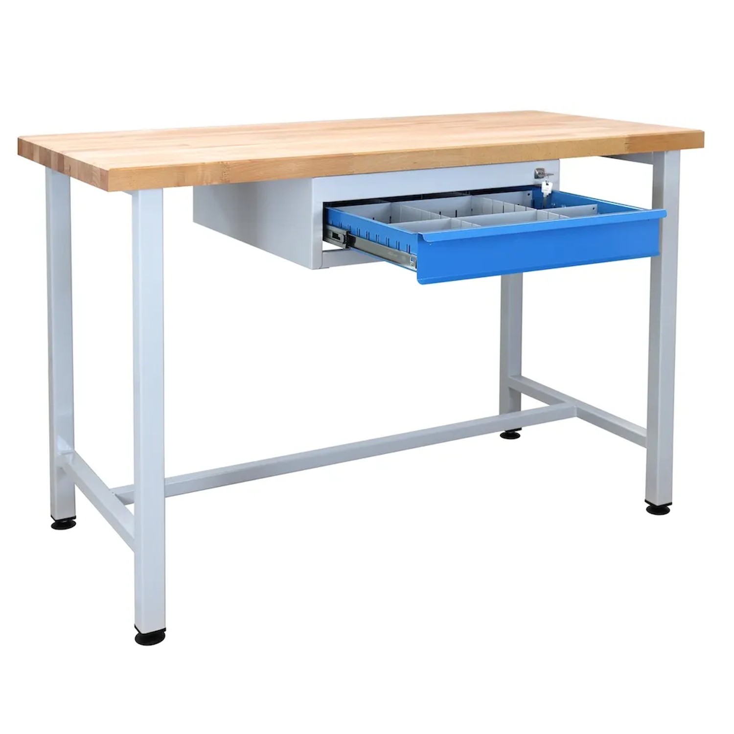 PROREGAL Werkbank Rhino, 120x60cm, mit Schublade, Buche Arbeitsplatte, lichtgraues Gestell, lichtblaue Schublade.
