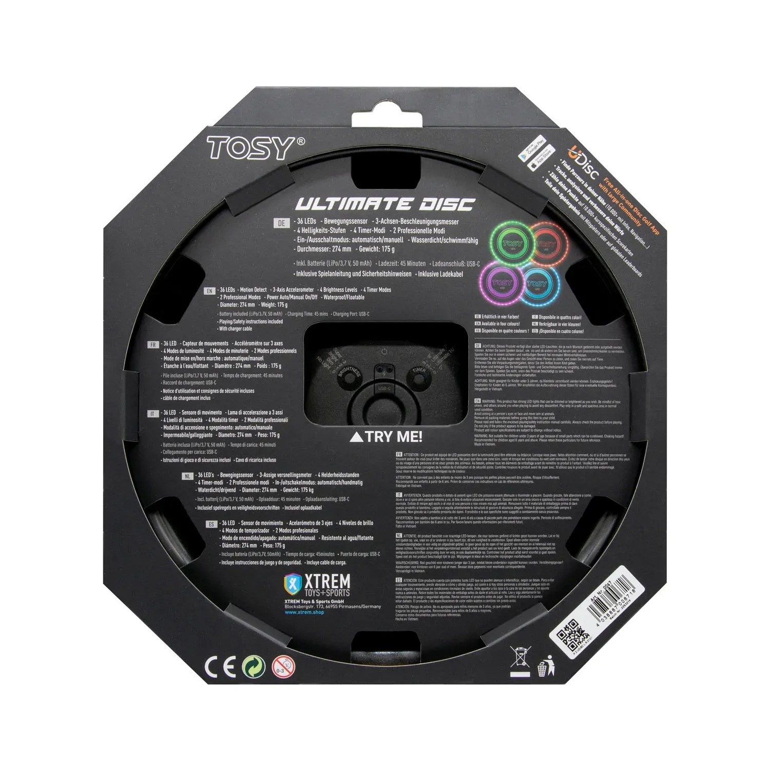 Xtrem Tosy Ultimate Disc LED Blau in Verpackung, Spielzeug für Outdoor-Spaß.