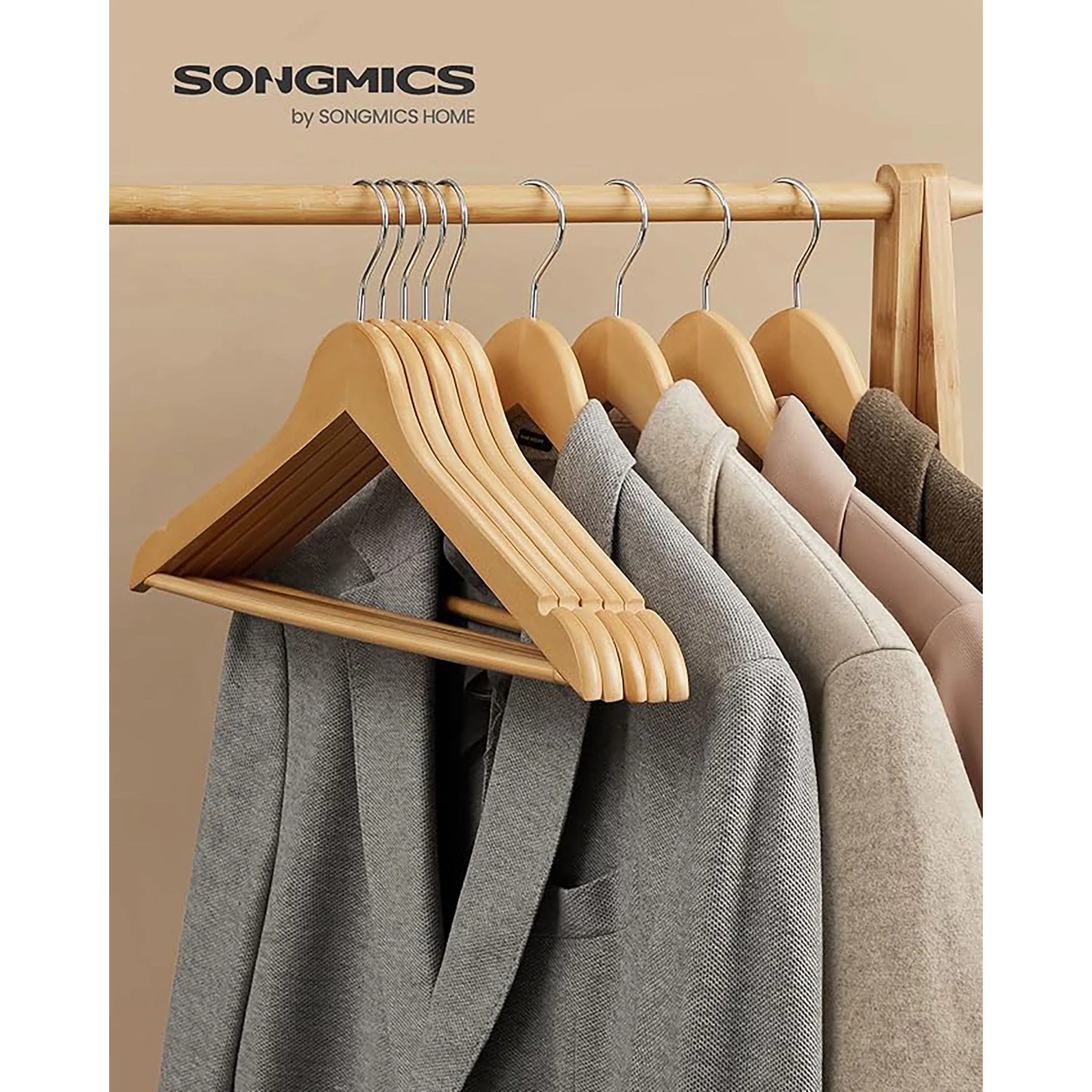 Songmics Kleiderbügel-Set, 10 Holz-Bügel mit Hosensteg und drehbarem Haken, für Textilien.