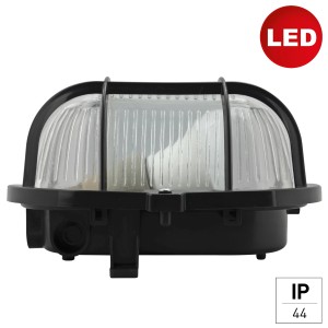Ovale LED-Kellerleuchte e2 elektro, schwarzer Kunststoffkorb, 18,5x12,5x11 cm.