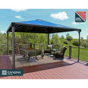 Canopia Gartenpavillon Palermo 4.3 x 4.3 Anthrazit mit Tisch und Stühlen auf einer Terrasse.