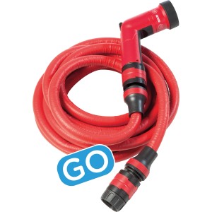 Rotes Gartenschlauch-Set YoYo 10 m mit Bewässerungsbrause und Anschlussstücken.