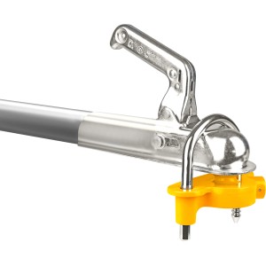 Las Deichselschloss als Diebstahlsicherung für Anhänger, gelb und silberfarben.