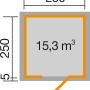 Grundriss Weka Gartenhaus wekaLine 413, 6,3 m², Anthrazit, mit Maßen und Türöffnung.