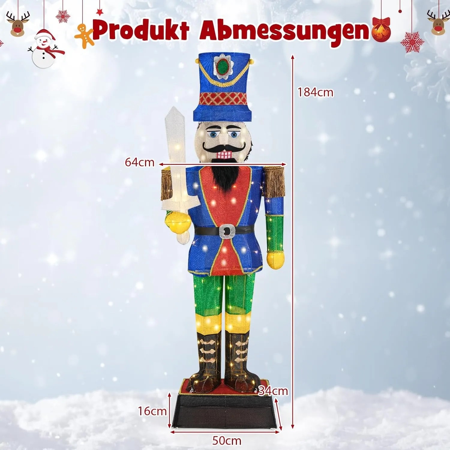 Große, beleuchtete Nussknacker Figur (184 cm) mit Schwert als Weihnachtsdeko für den Außenbereich.