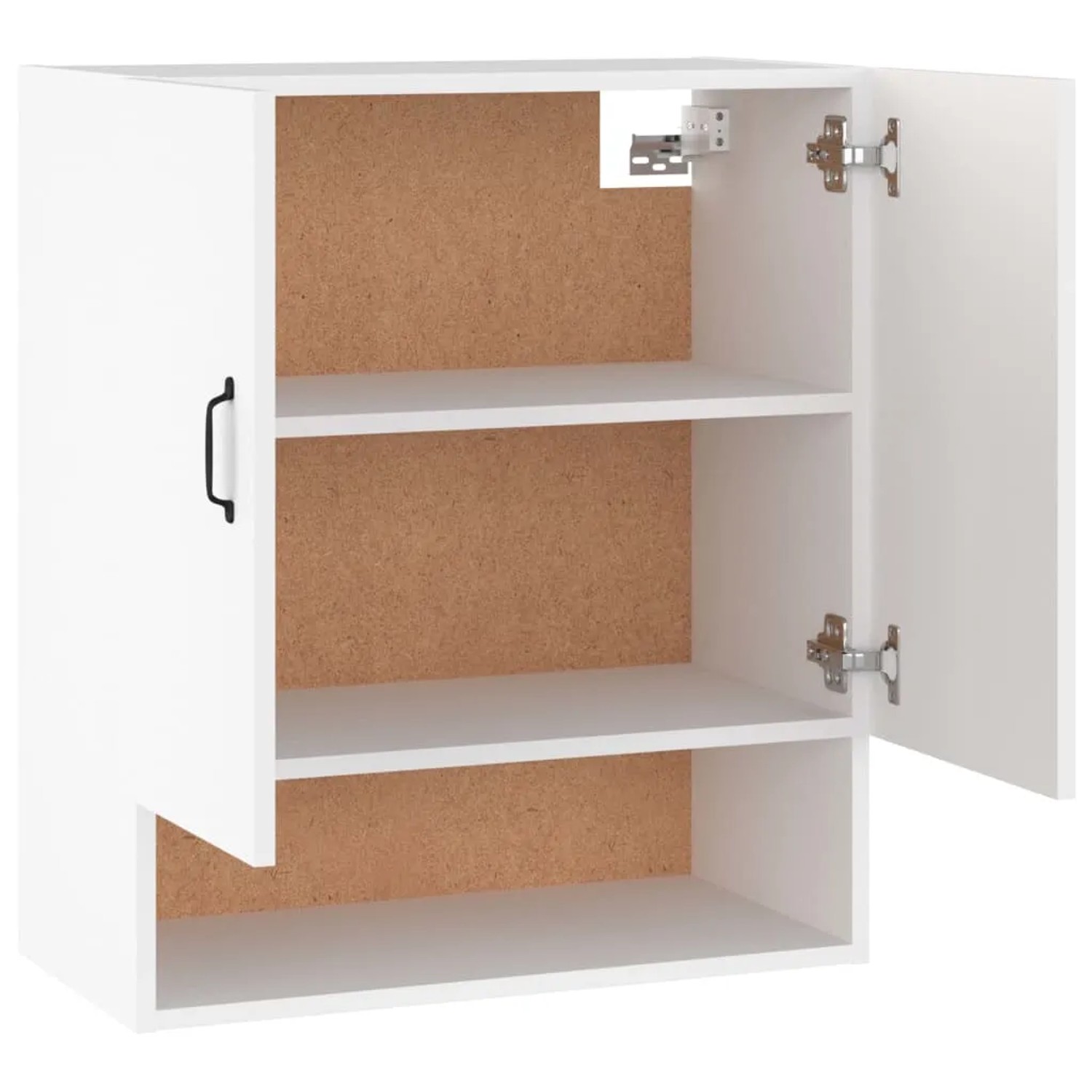 Weißer Wandschrank (60x31x70 cm) mit zwei Türen und offenem Fach, geeignet als Büroschrank.