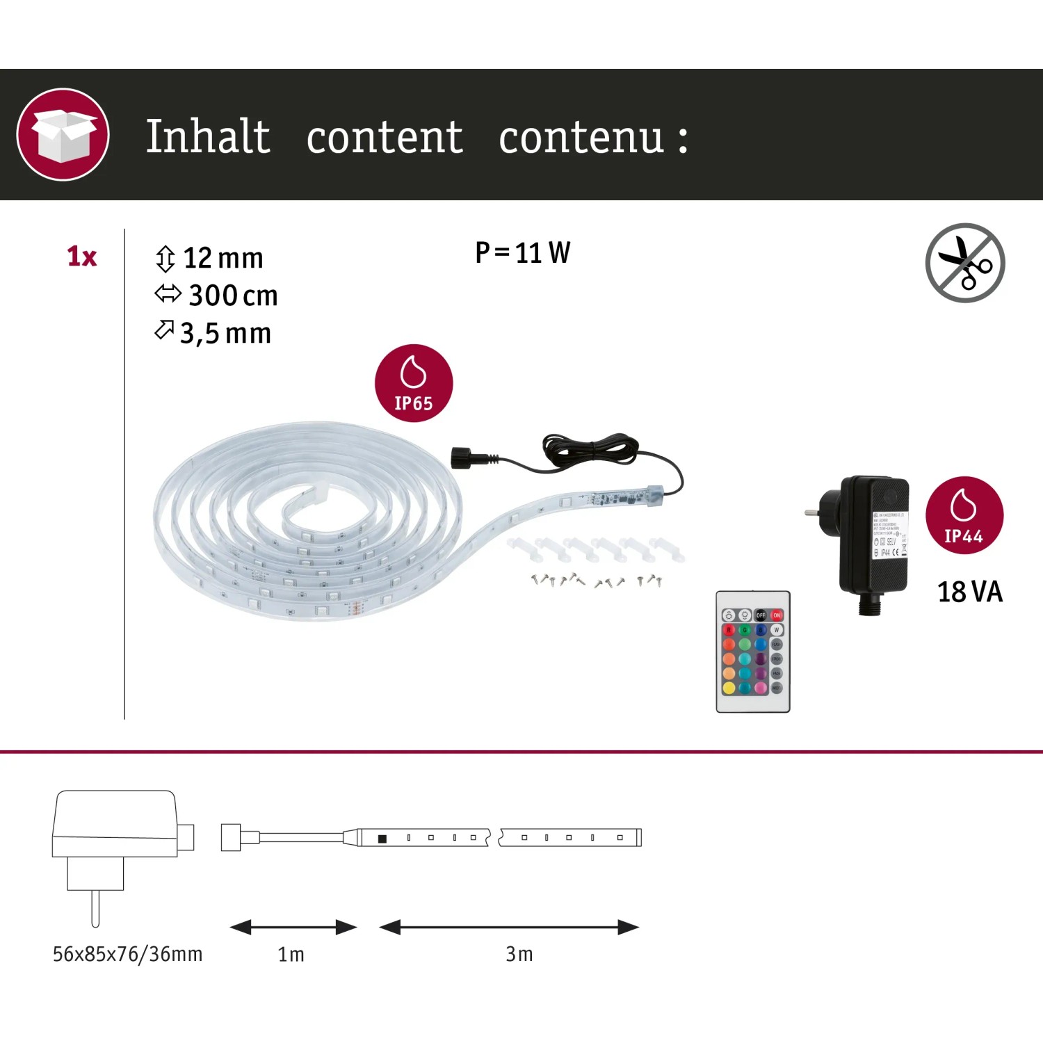 Paulmann SimpLED RGB LED-Streifen 3m Komplettset für Außen, transparent, mit Zubehör.
