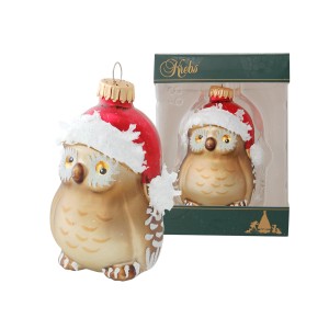 Krebs Glas Lauscha Eule mit roter Weihnachtsmütze, einteilig, 8cm, als Christbaumkugel.