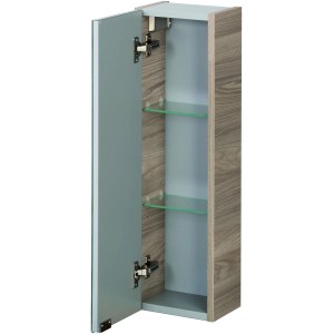 Fackelmann Bad-Hängeschrank Luxor, Steinesche, 20 cm breit, mit geöffneter Tür und zwei Glasböden.