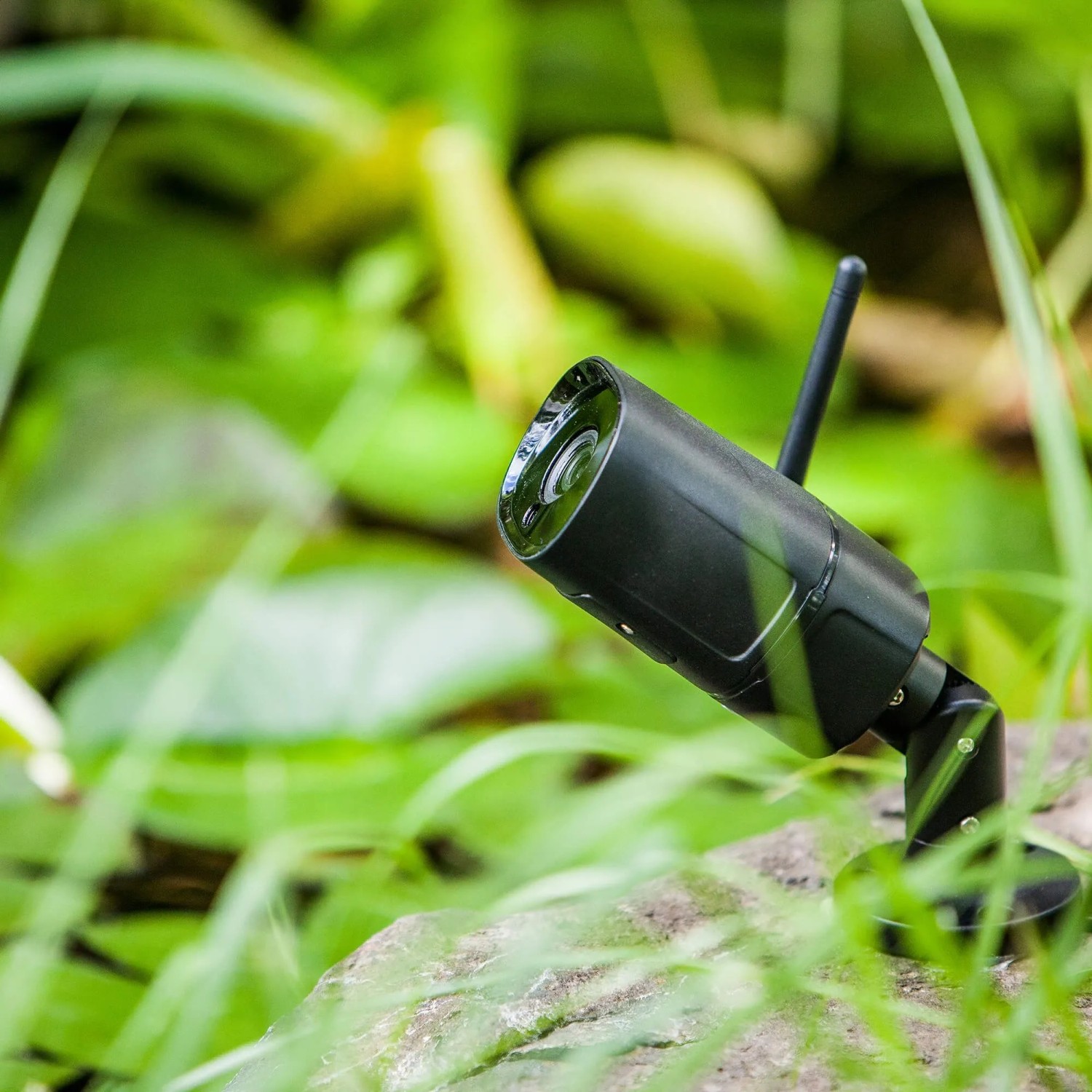 Summer Fun Smart Garden Cam: Schwarze Outdoor WLAN Kamera im Garten.