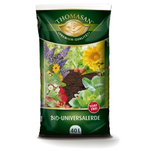 Sack Thomasan Universalerde Torffrei Bio 40L mit Blumen- und Gemüseabbildung.