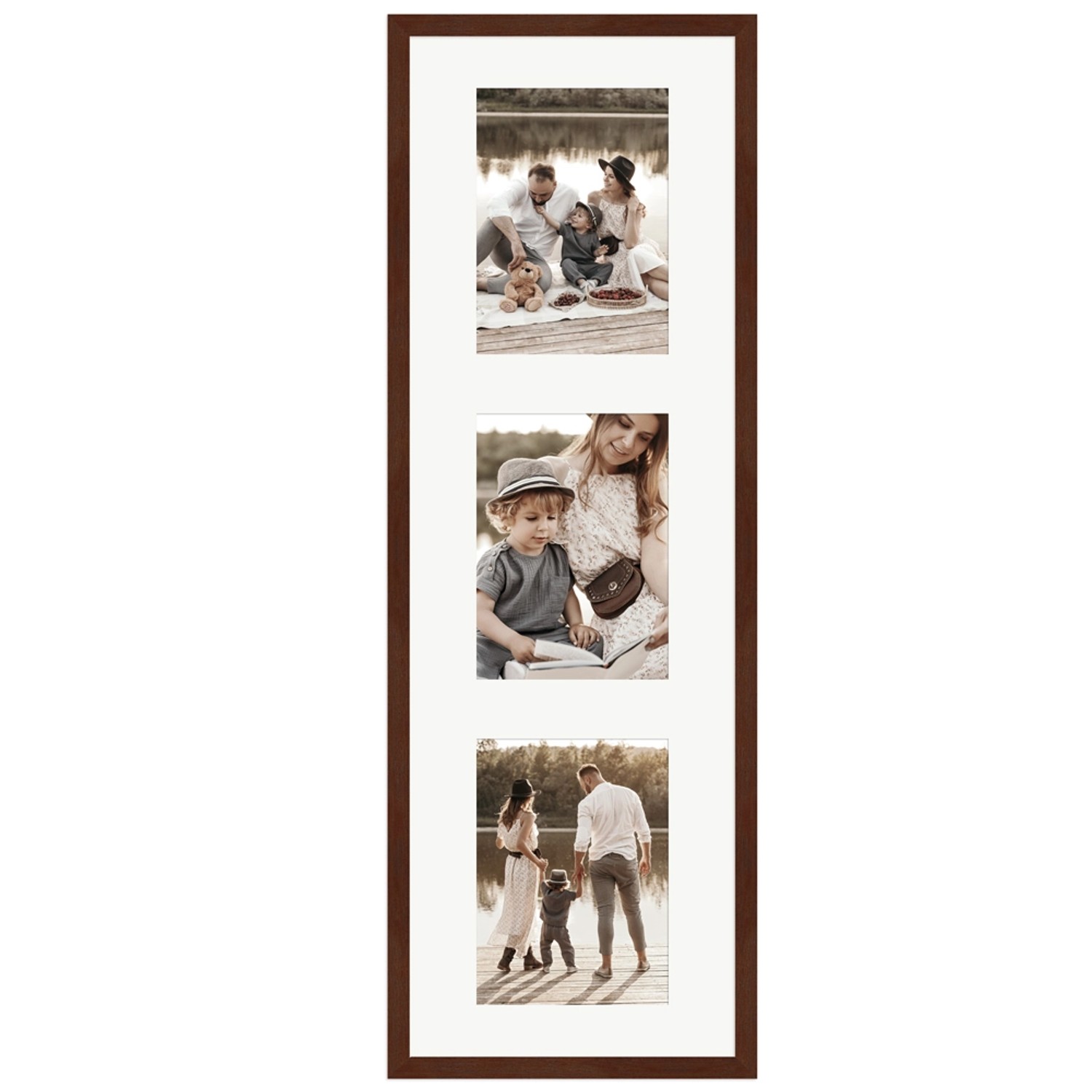 Galerierahmen in Nussbaum-Optik für 3 Fotos (13x18 cm). Wandbilderrahmen für Hoch- und Querformat.