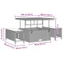 Beiges 9-teiliges Garten-Sofa-Set aus Poly Rattan mit höhenverstellbarem Tisch. Abmessungen sind sichtbar.