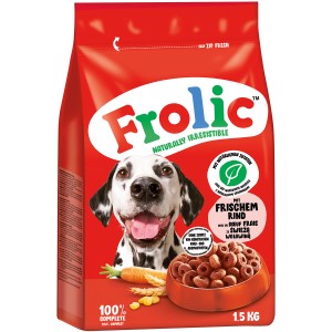 Frolic Hunde-Trockenfutter Rind, 1,5 kg Packung mit Dalmatiner und Futterringen.