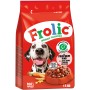 Frolic Hunde-Trockenfutter Rind, 1,5 kg Packung mit Dalmatiner und Futterringen.