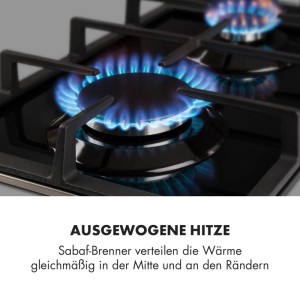 Schwarzes Klarstein Ignito Domino Gaskochfeld aus Glaskeramik mit zwei blauen Flammen und Gusseisenrosten für gleichmäßige Hitze.