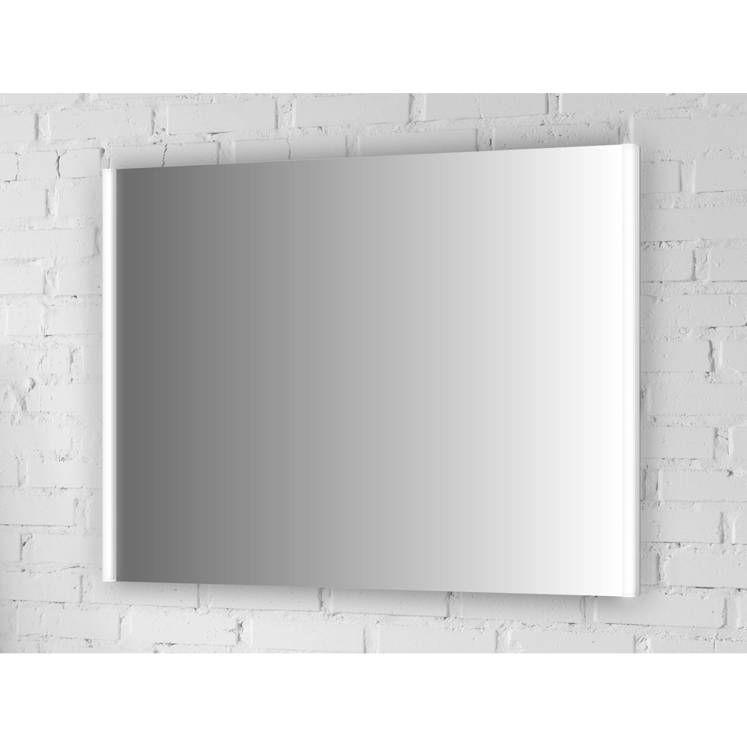 Rechteckiger Jokey LED-Leuchtspiegel (80x60 cm) in Weiß mit Kippschalter an einer weißen Ziegelwand.