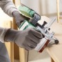 Bosch PBS 75 AE Bandschleifer im Einsatz mit Staubabsaugung und Parallelanschlag.