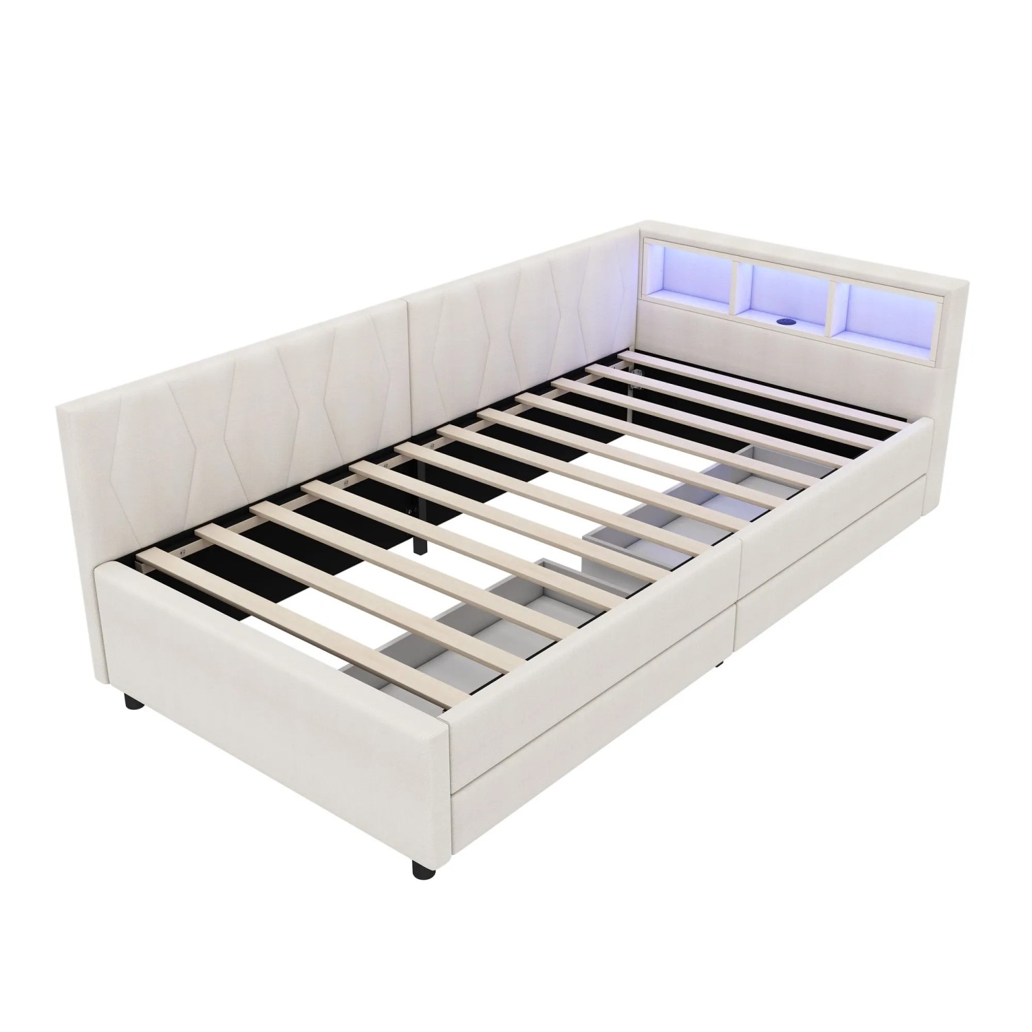 Merax Tagesbett 90x200 cm Mit Ablagefach USB Typ C LED 2 Schubladen Leinen Beige