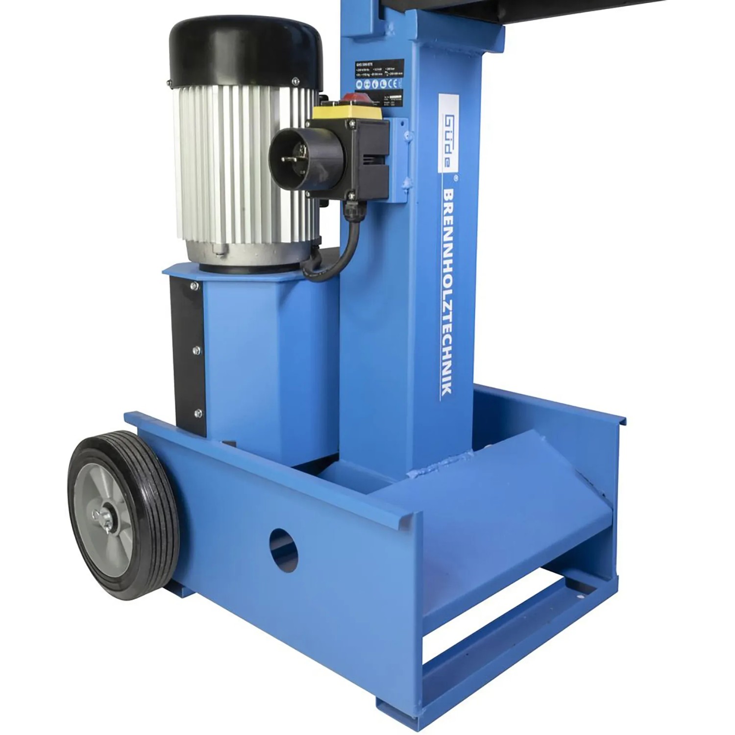 Blauer Güde Holzspalter GHS 500/8TE mit Rädern und Elektromotor.