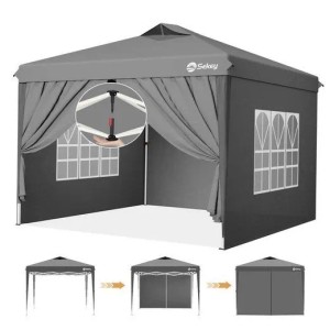 Grauer Sekey Faltpavillon 3x3 m mit 4 Seitenteilen, 2 mit Fenstern. Wasserdichtes Pop-Up Partyzelt, zeigt Aufbau.