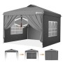 Grauer Sekey Faltpavillon 3x3 m mit 4 Seitenteilen, 2 mit Fenstern. Wasserdichtes Pop-Up Partyzelt, zeigt Aufbau.