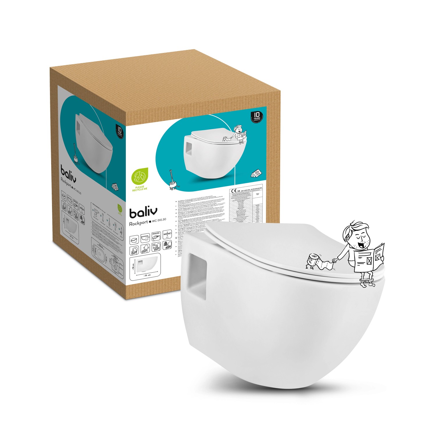 baliv Wand WC-Set Rockport, Tiefspüler, spülrandlos, weiß, mit Verpackung und Cartoon-Figuren.