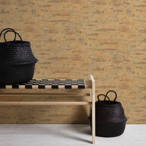 Ocker-braune Vliestapete in Steinoptik "Alte Mauer" für Wohnzimmer und Küche.