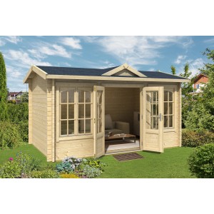 Lasita Maja Gartenhaus Kensington, 400x250 cm, aus unbehandeltem Holz mit Doppeltür und Fenster.