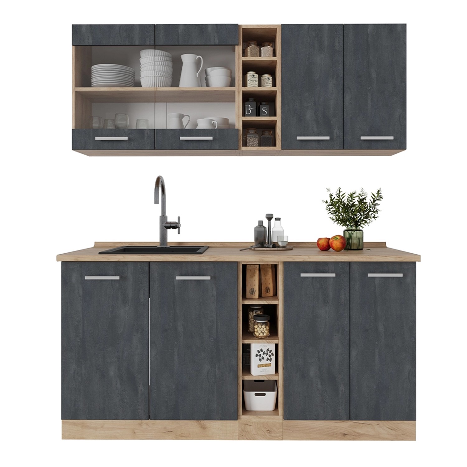 Vicco R-Line Mini-Küche Schwarz Beton/Goldkraft Eiche 160 cm ohne Arbeitspl günstig online kaufen