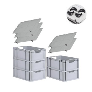PROREGAL Spar Set: 5 Euroboxen mit Deckel und Schnappverschlüssen, grau, 44 Liter.