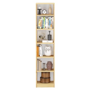 Hohes Holzregal aus Kiefer massiv, 180 cm, mit sechs Fächern und Deko.