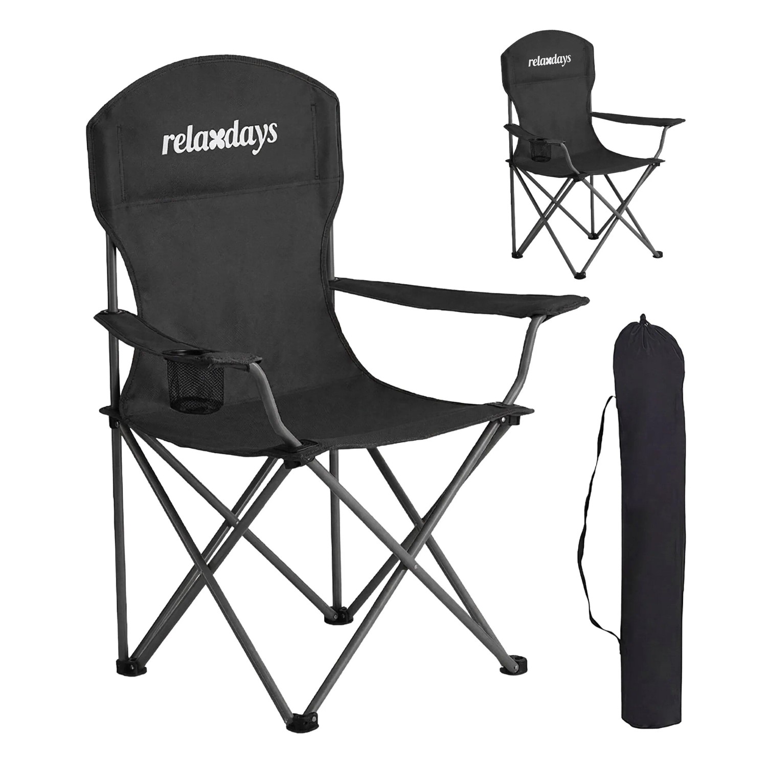 Relaxdays Campingstuhl 2er Set Eisen Polyester Schwarz Faltbar Mit Getränkehalter 97 cm x 81 cm x 54 cm