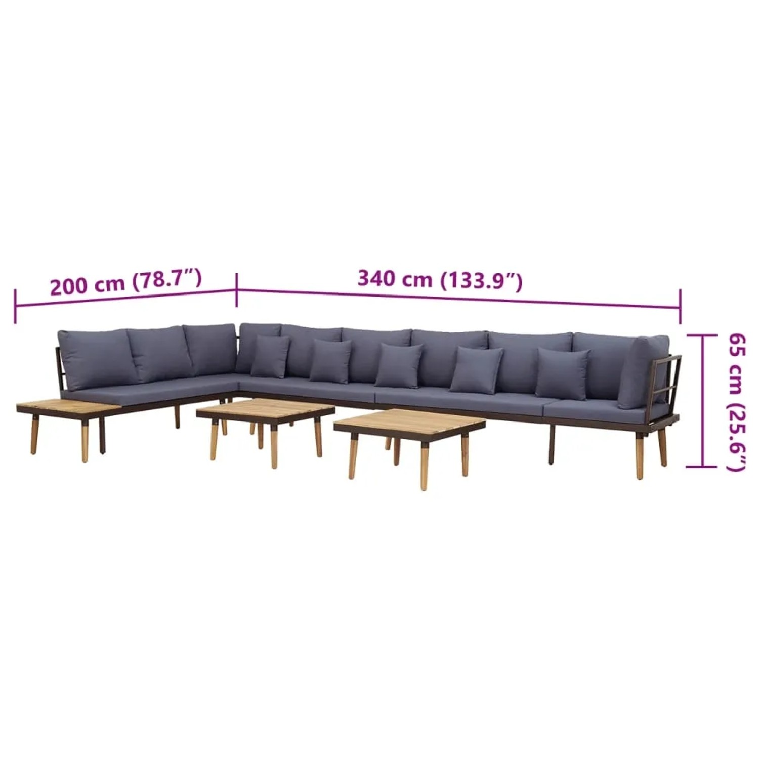 vidaXL 8-tlg. Garten Lounge Set aus Akazienholz mit grauen Kissen und 2 Tischen.