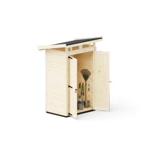 Upyard Gartenhaus Strongbox S, 127x87 cm, Naturholz mit geöffneten Doppeltüren und Gartengeräten.