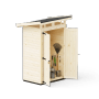 Upyard Gartenhaus Strongbox S, 127x87 cm, Naturholz mit geöffneten Doppeltüren und Gartengeräten.