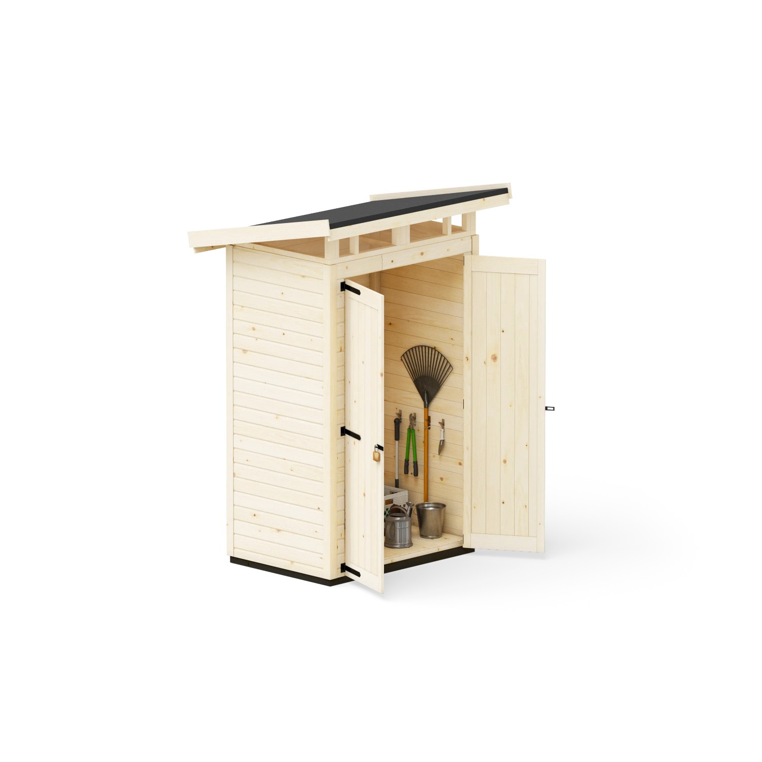 Upyard Gartenhaus Strongbox S, 127x87 cm, Naturholz mit geöffneten Doppeltüren und Gartengeräten.