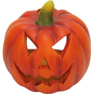 Orangefarbenes Kürbis Windlicht aus Keramik mit geschnitztem Gesicht, Ø 11 cm.